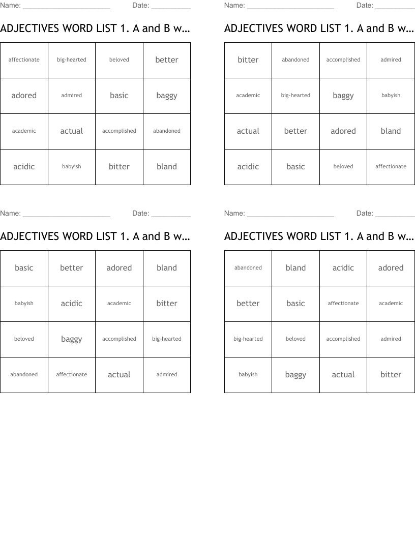 ADJECTIVES WORD LIST 1. A and B words Bingo Cards