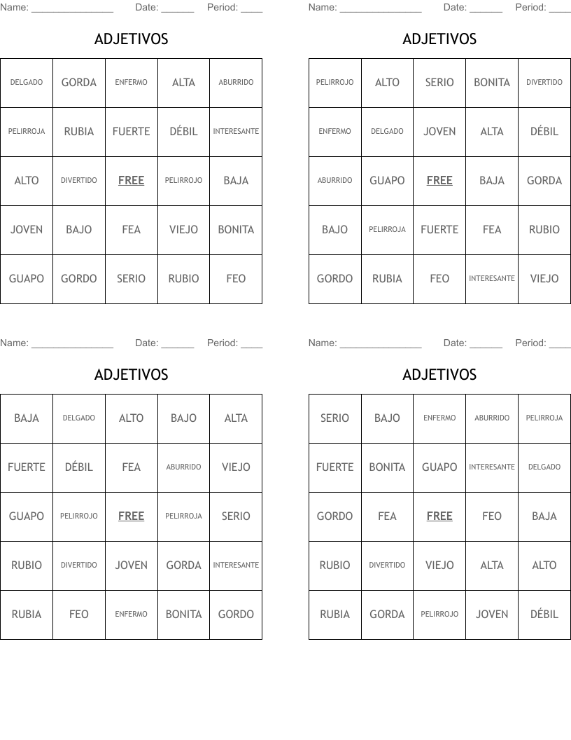ADJETIVOS Bingo Cards
