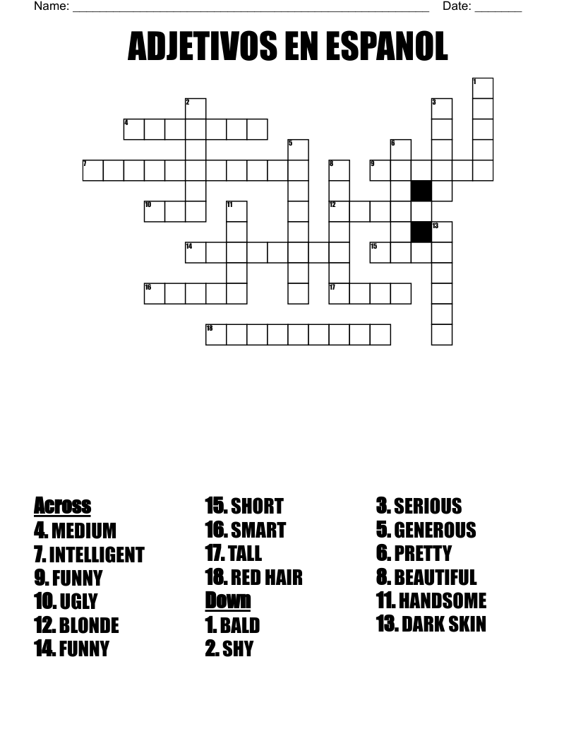 ADJETIVOS EN ESPANOL Crossword