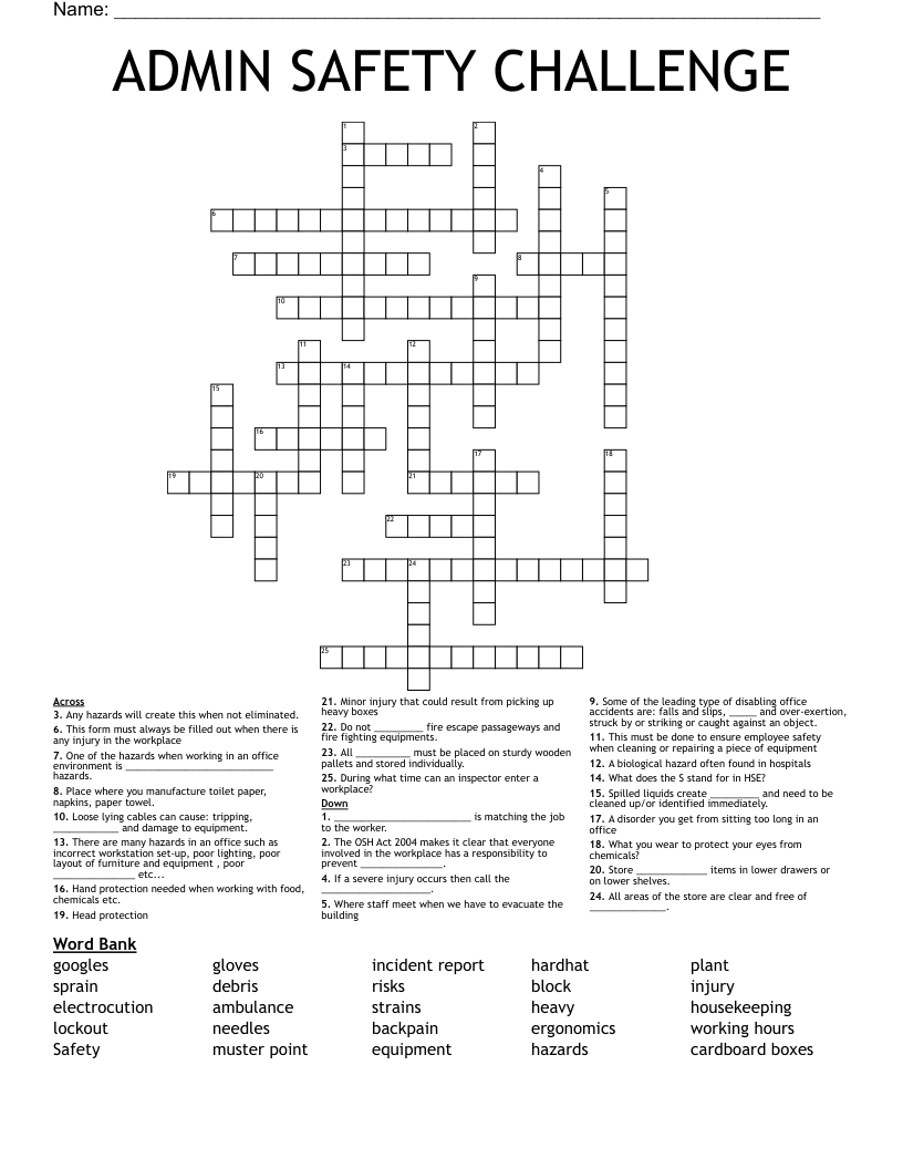 ADMIN SAFETY CHALLENGE Crossword