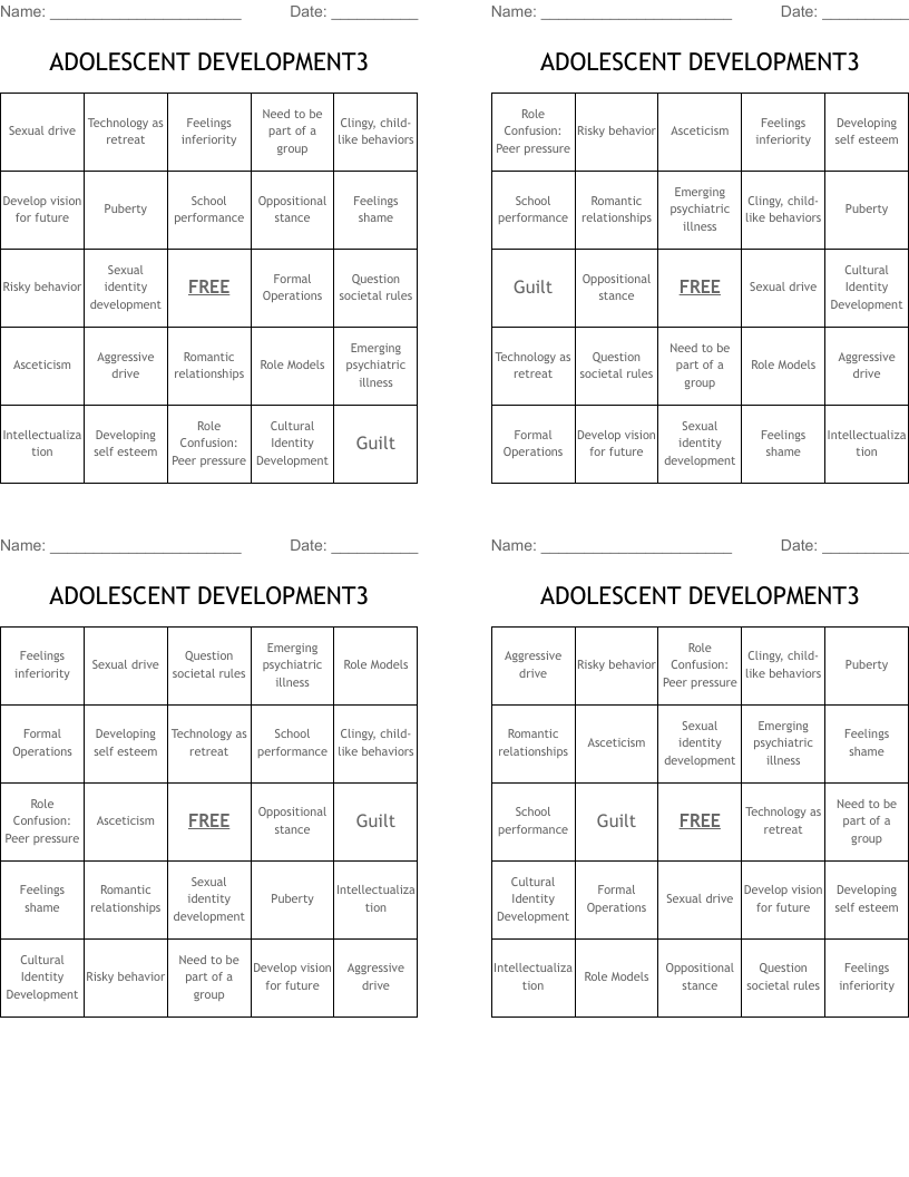 ADOLESCENT DEVELOPMENT3 Bingo Cards