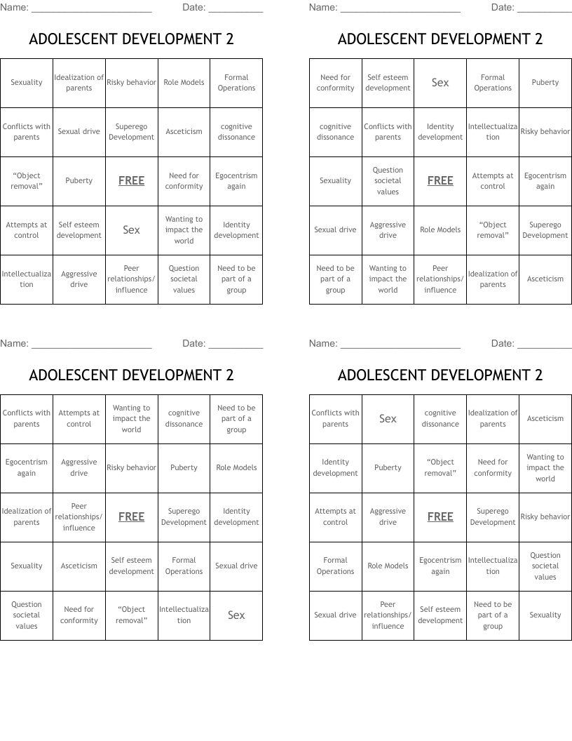 ADOLESCENT DEVELOPMENT 2 Bingo Cards