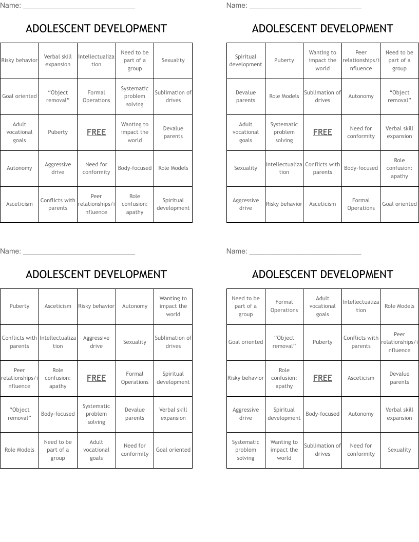 ADOLESCENT DEVELOPMENT Bingo Cards