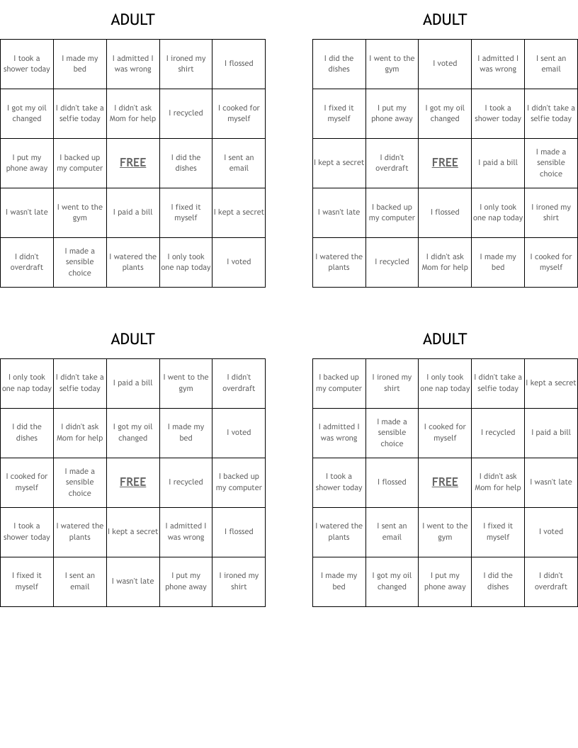 ADULT Bingo Cards
