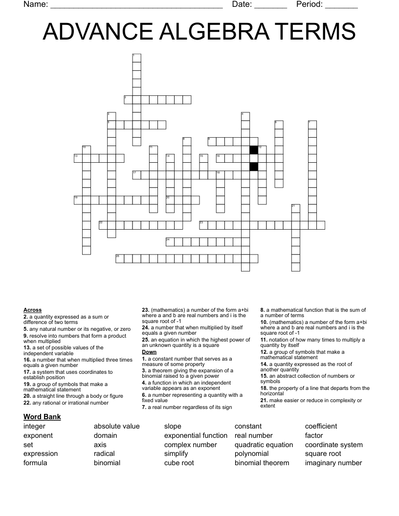 ADVANCE ALGEBRA TERMS Crossword