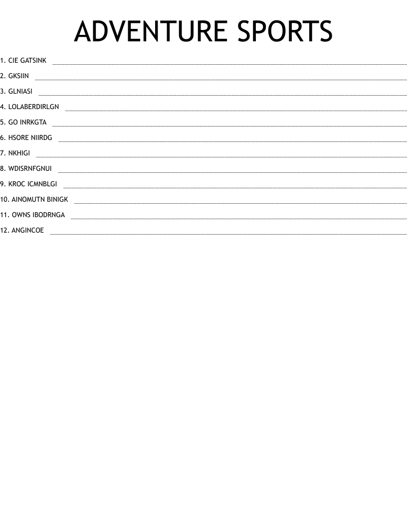 ADVENTURE SPORTS Word Scramble