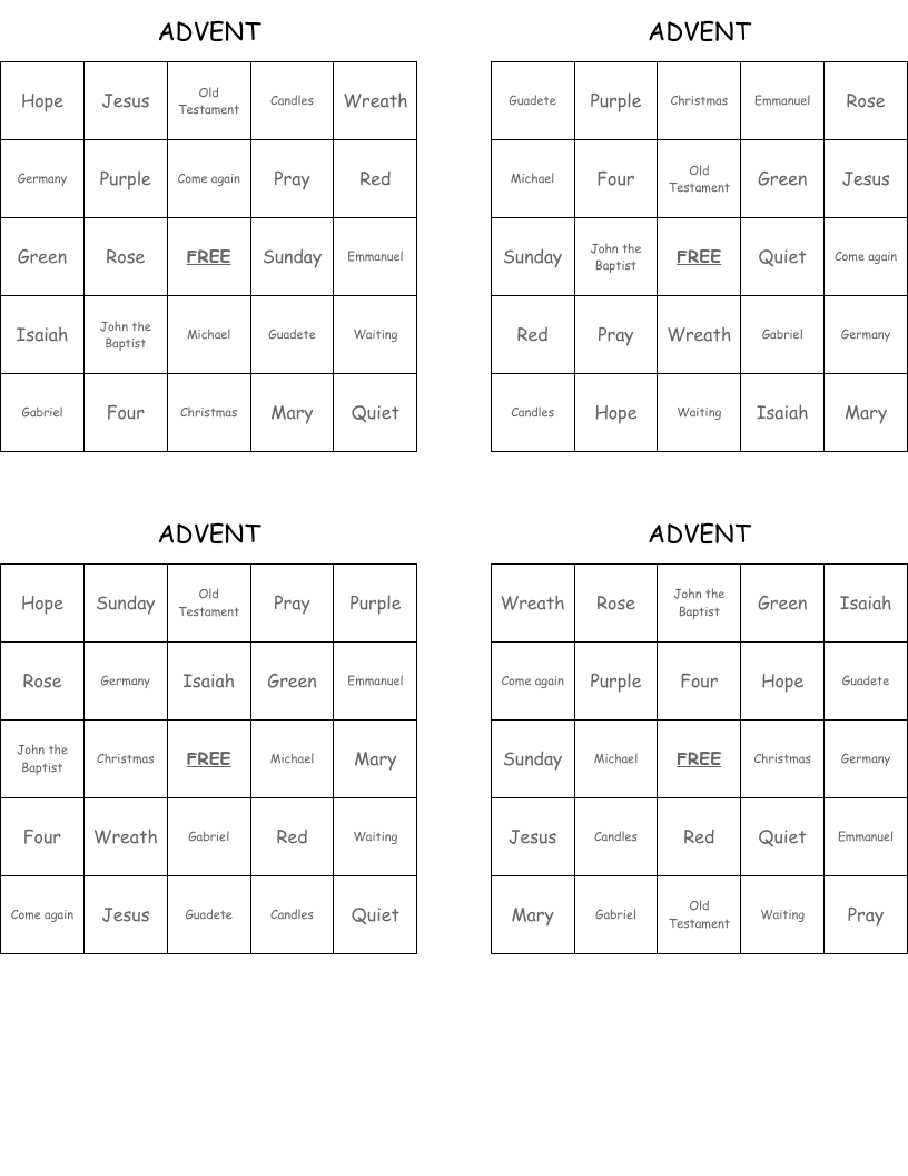 ADVENT Bingo Cards