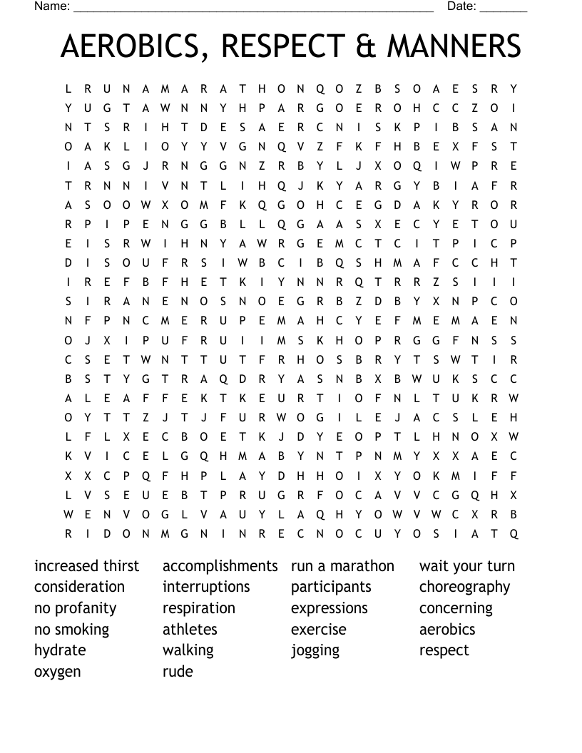 AEROBICS, RESPECT & MANNERS Word Search