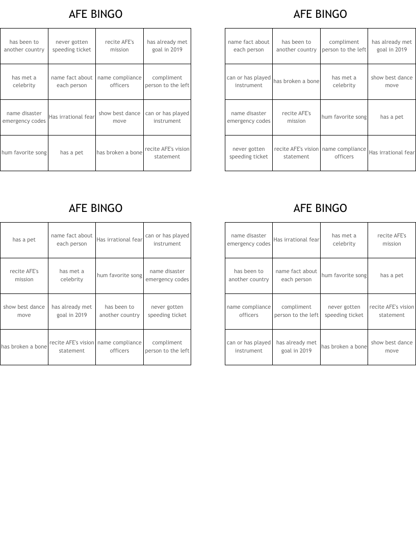 AFE BINGO
