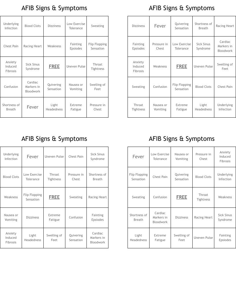 AFIB Signs & Symptoms Bingo Cards