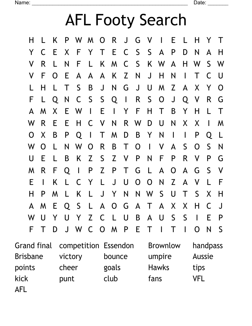 AFL Footy Search Word Search