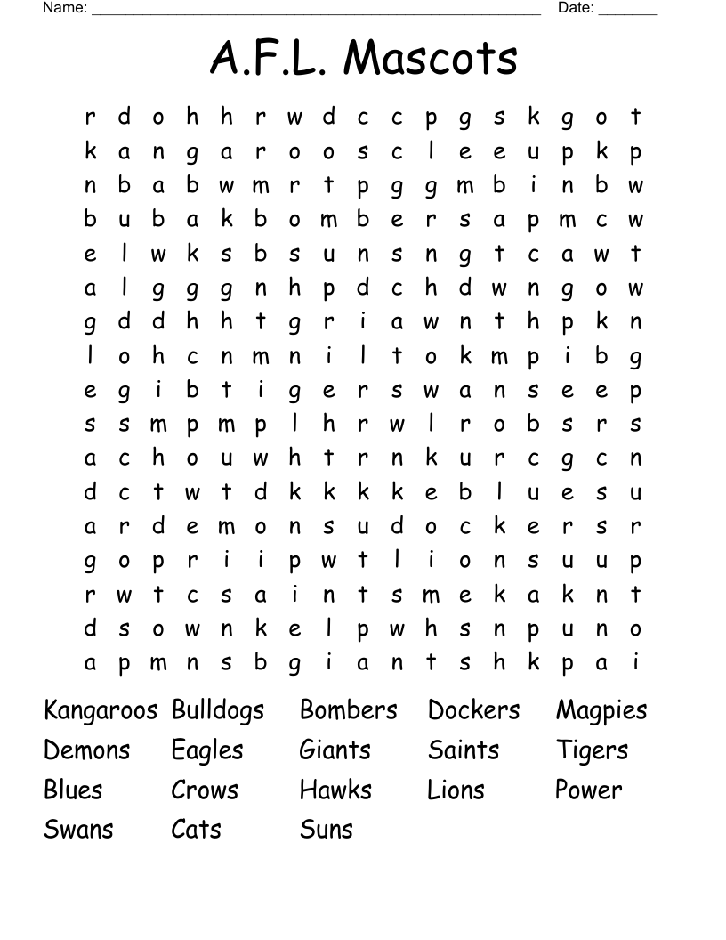 A.F.L. Mascots Word Search