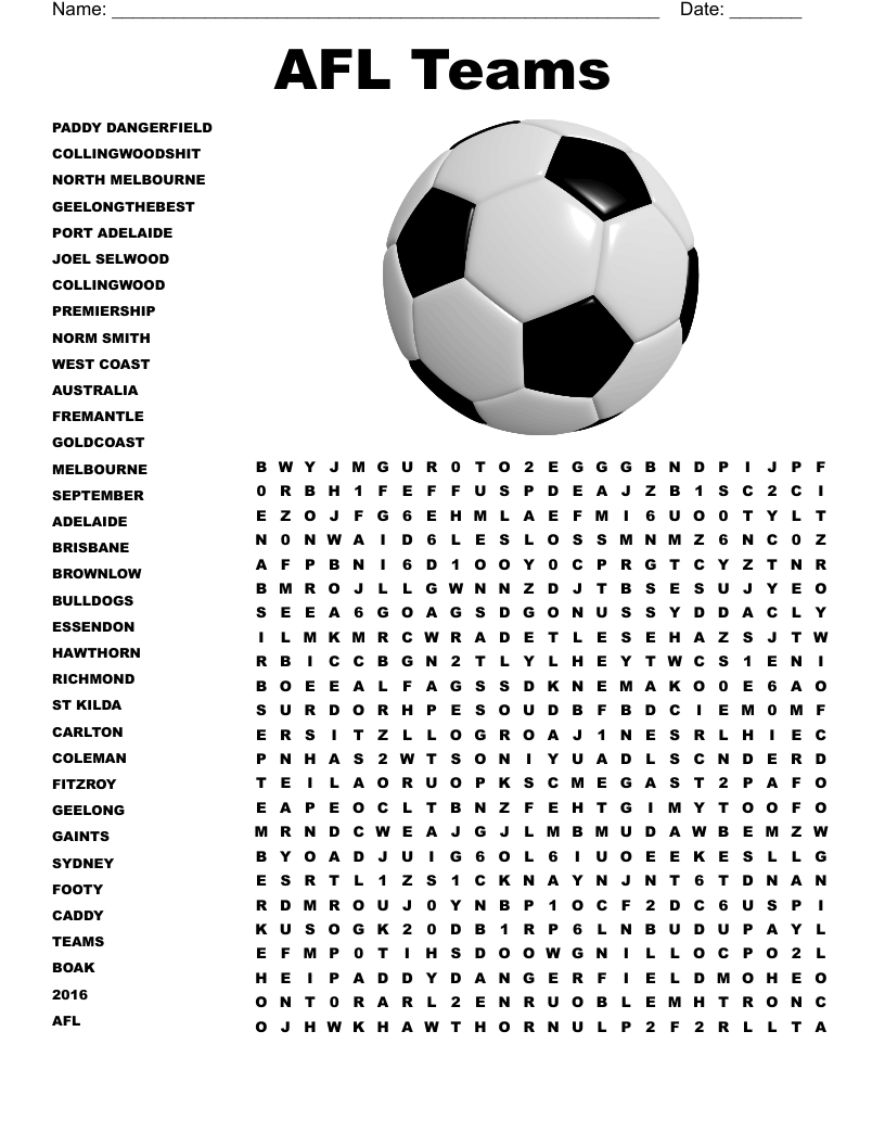 AFL Teams Word Search