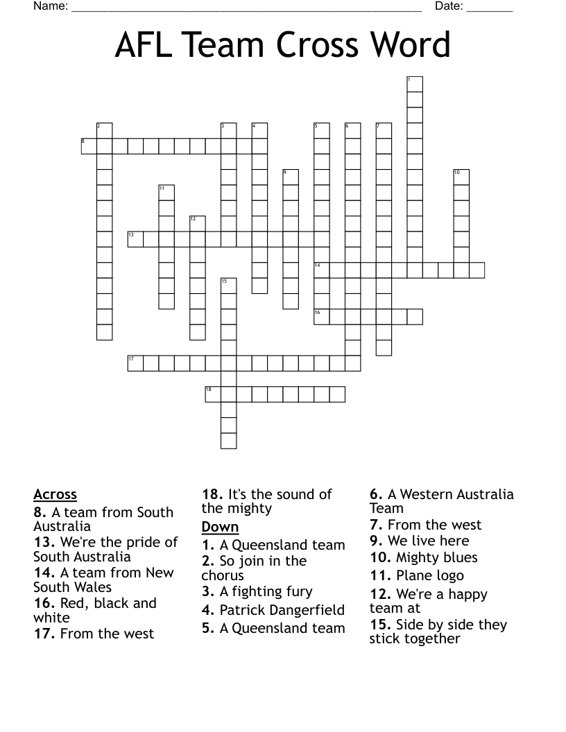 AFL Team Cross Word