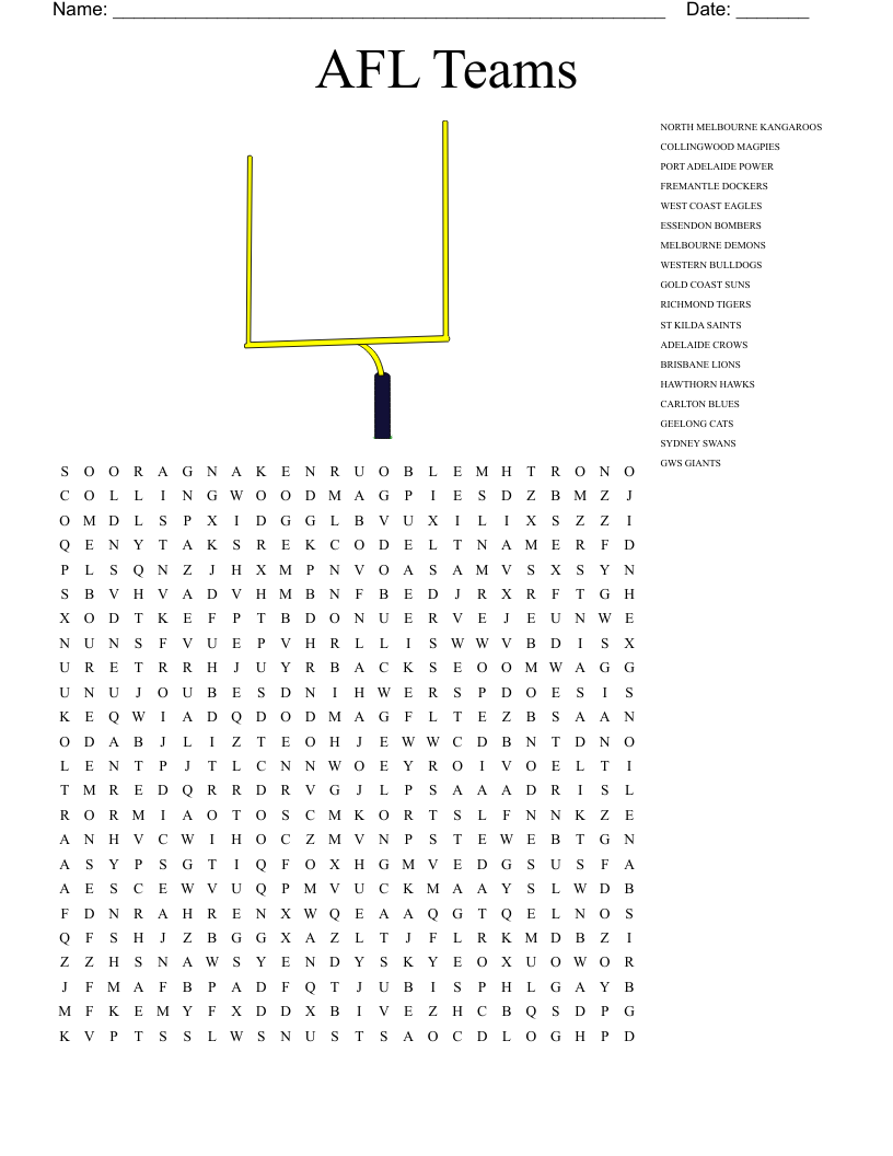 AFL Teams Word Search