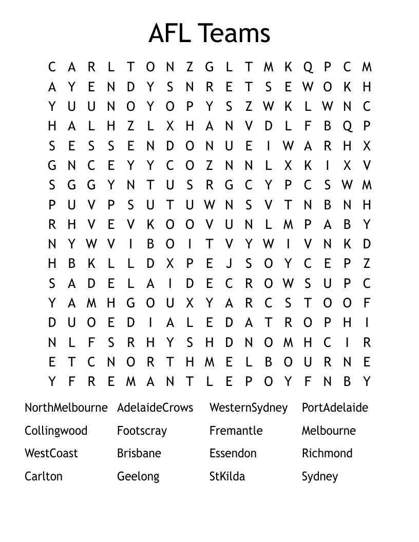 AFL Teams Word Search
