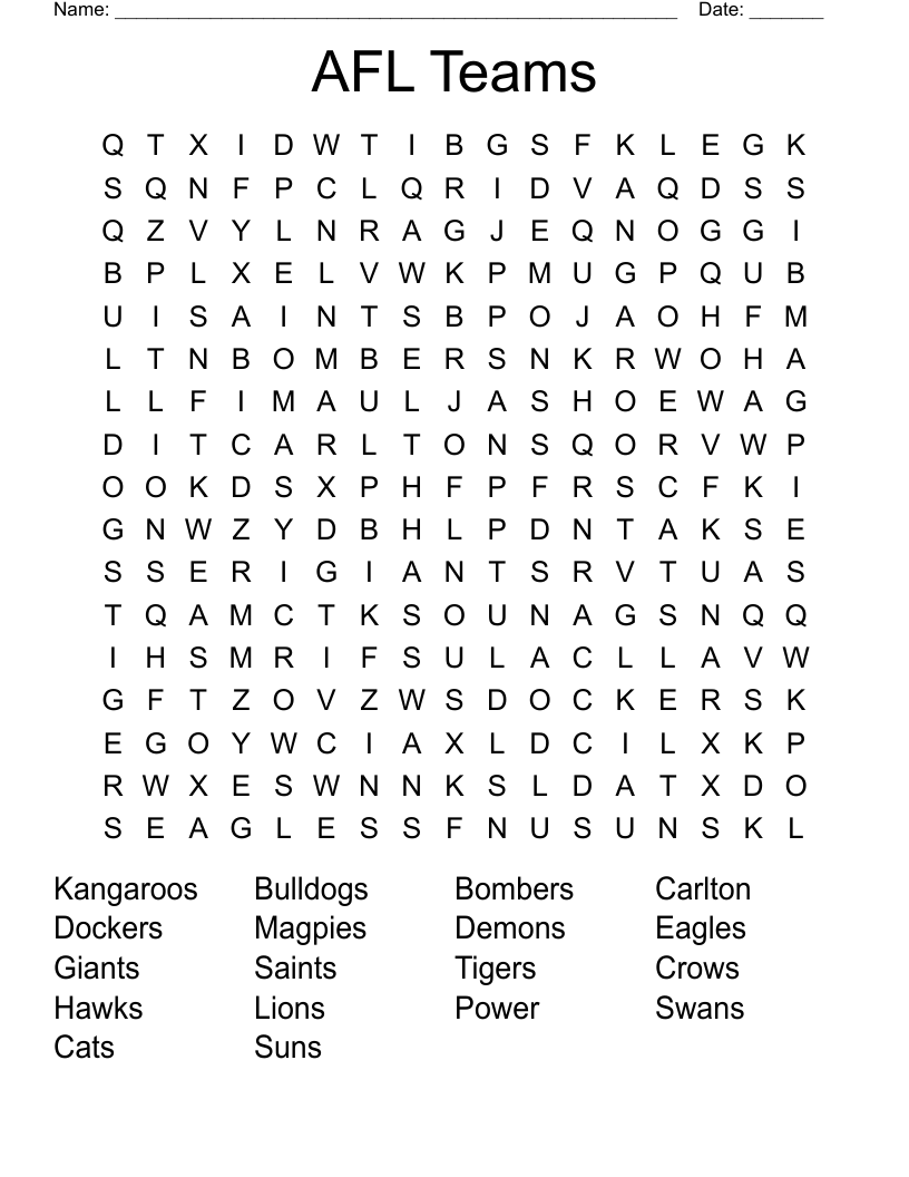 AFL Teams Word Search