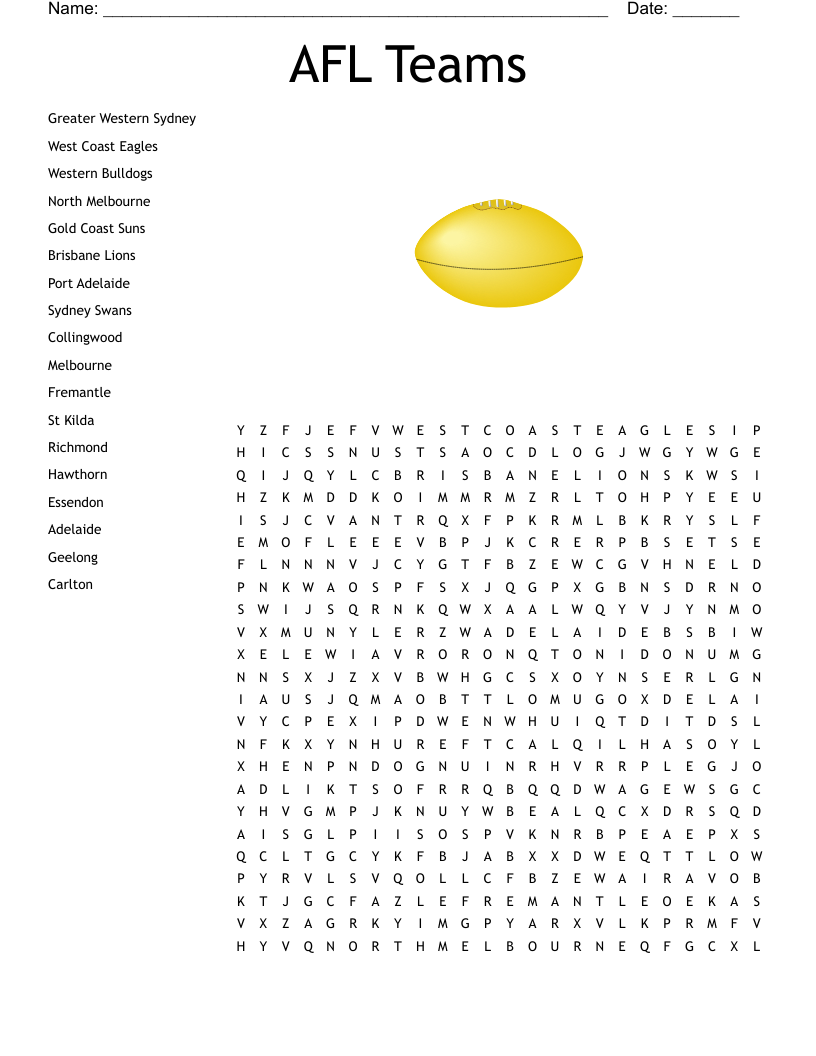 AFL Teams Word Search