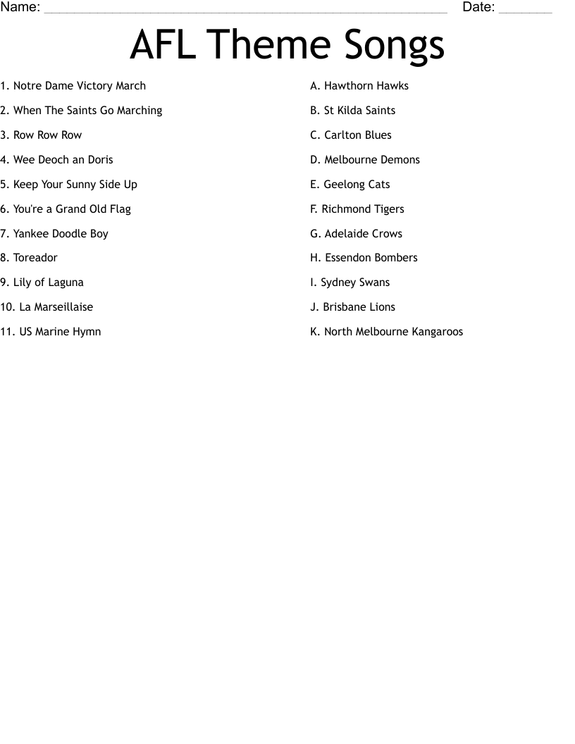 AFL Theme Songs Worksheet