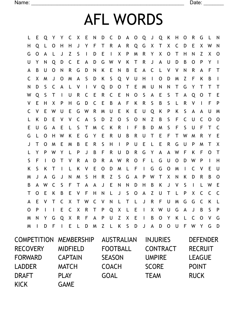 AFL WORDS Word Search