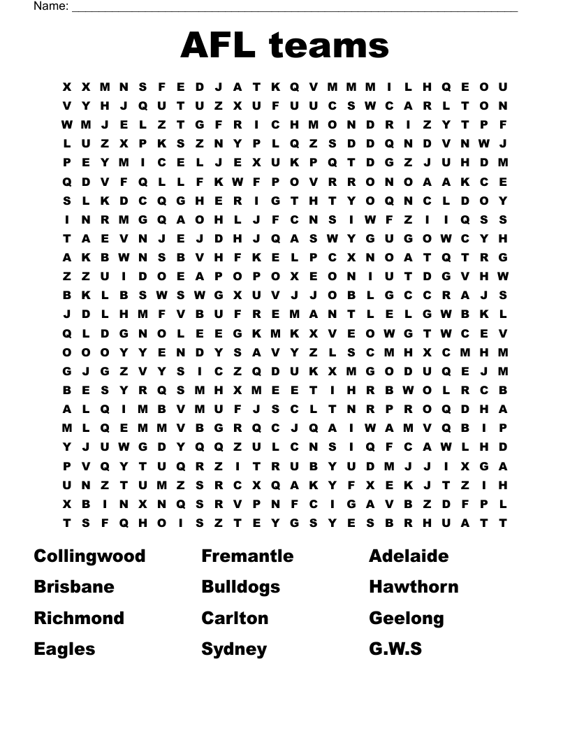AFL teams Word Search