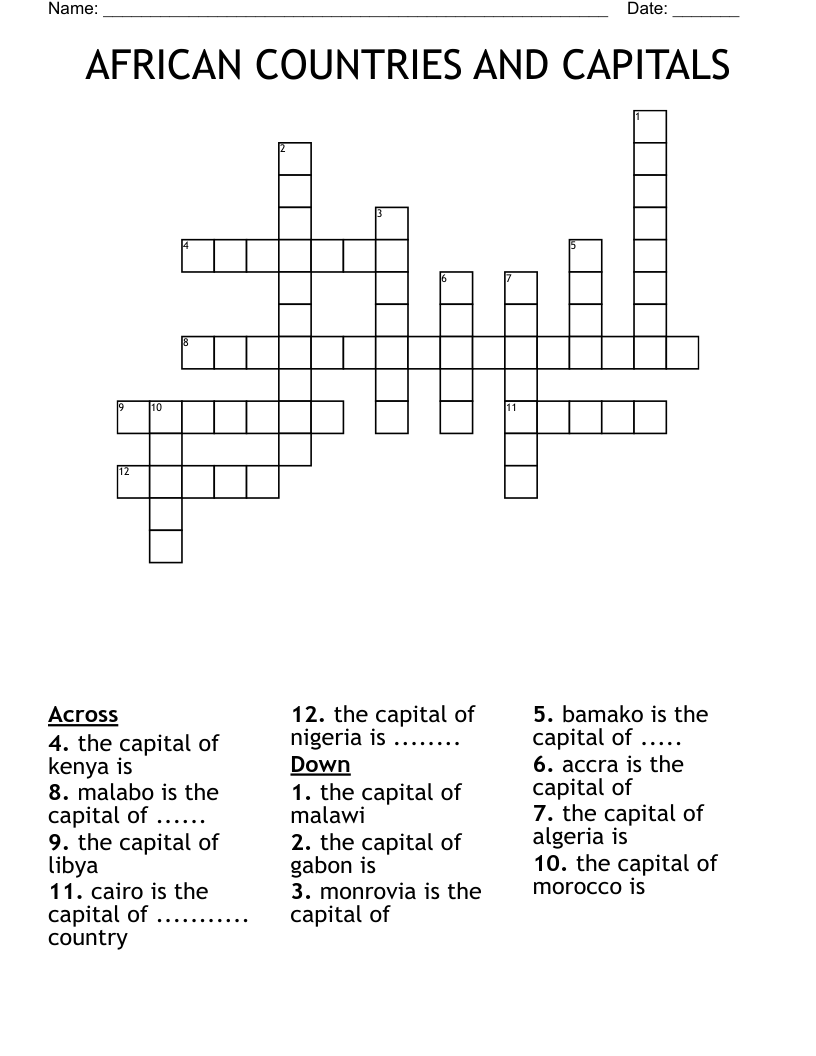 AFRICAN COUNTRIES AND CAPITALS Crossword