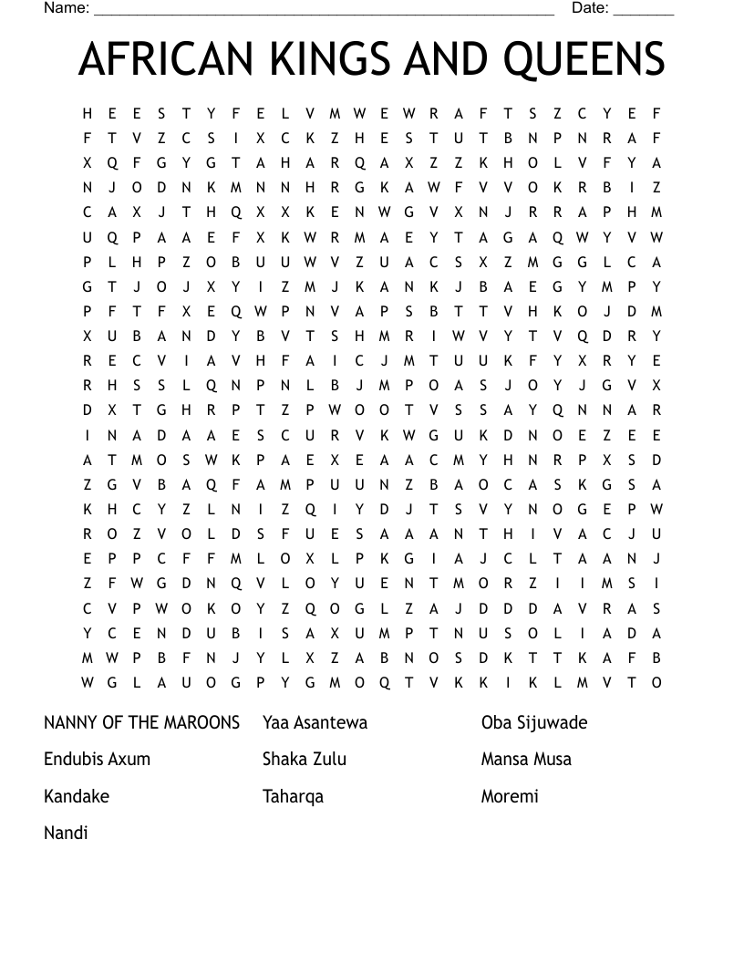 AFRICAN KINGS AND QUEENS Word Search
