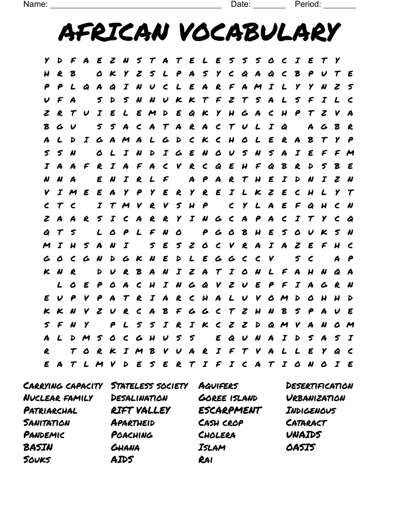 AFRICAN VOCABULARY Word Search