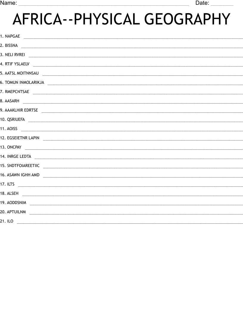 AFRICA--PHYSICAL GEOGRAPHY Word Scramble
