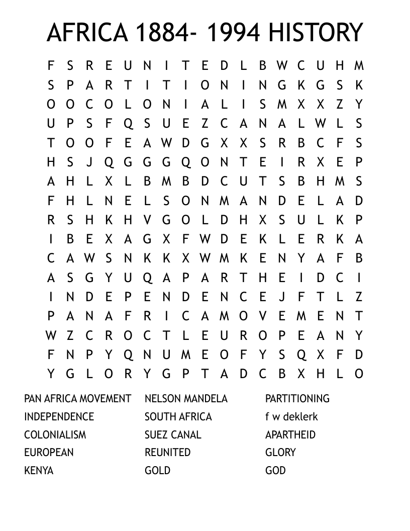 AFRICA 1884- 1994 HISTORY Word Search