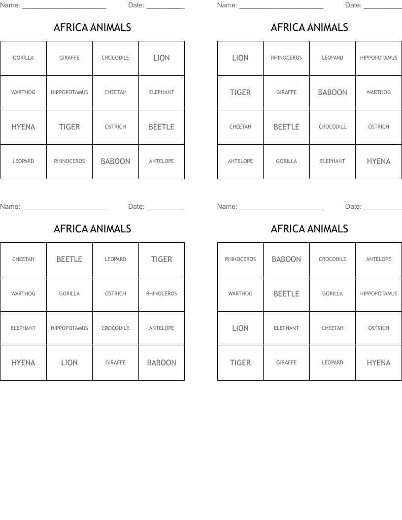 AFRICA ANIMALS Bingo Cards