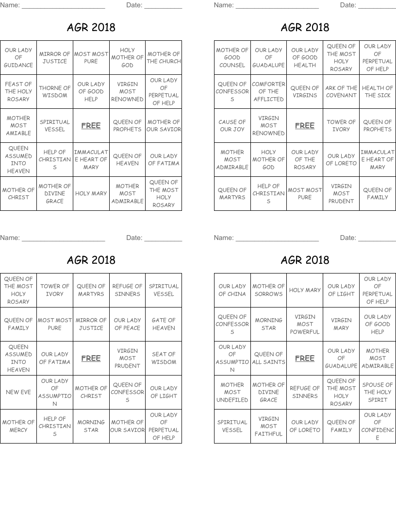 AGR 2018 Bingo Cards