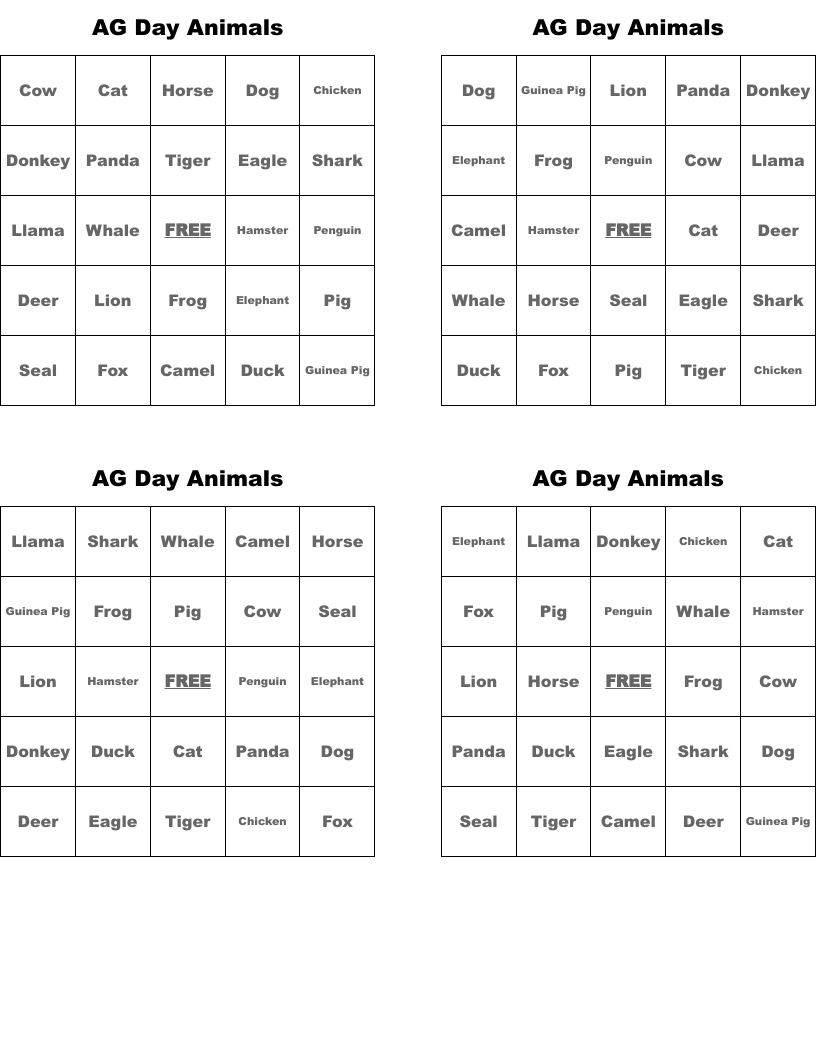 AG Day Animals Bingo Cards