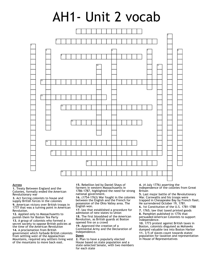 AH1- Unit 2 vocab Crossword