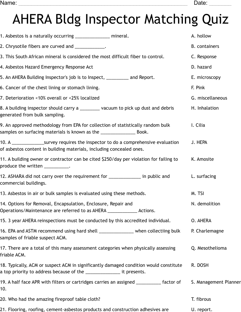 AHERA Bldg Inspector Matching Quiz Worksheet
