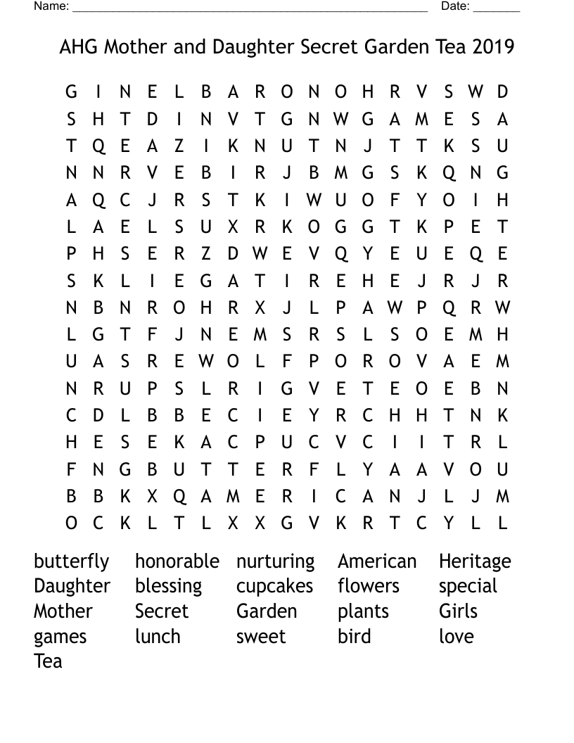 AHG Mother and Daughter Secret Garden Tea 2019 Word Search