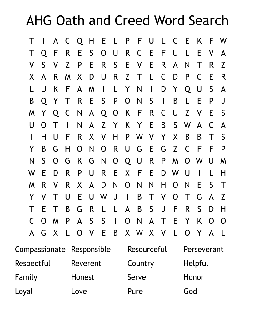 AHG Oath and Creed Word Search