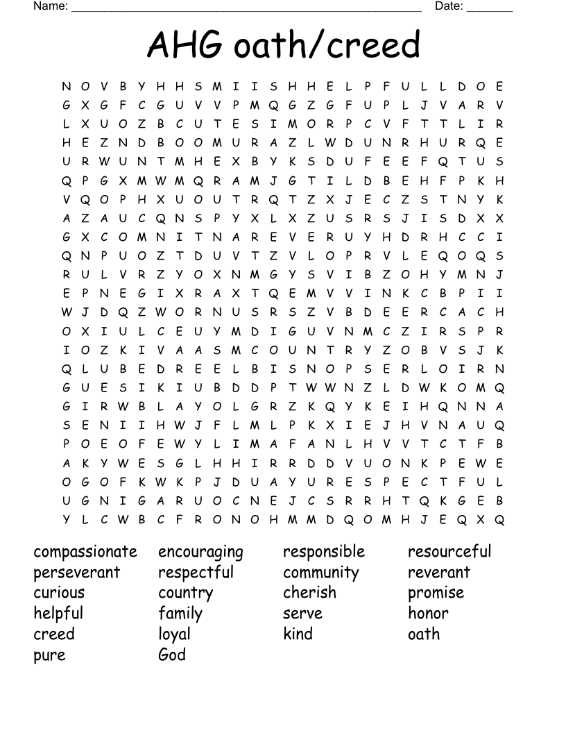 AHG oath/creed Word Search