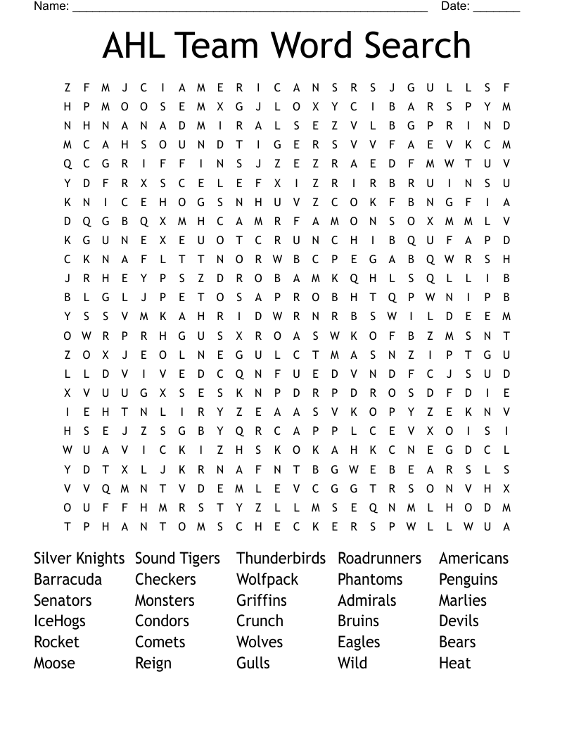 AHL Team Word Search