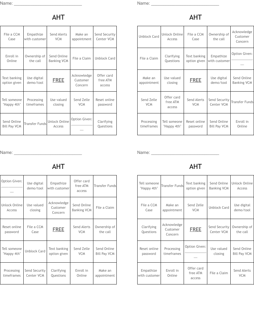 AHT Bingo Cards