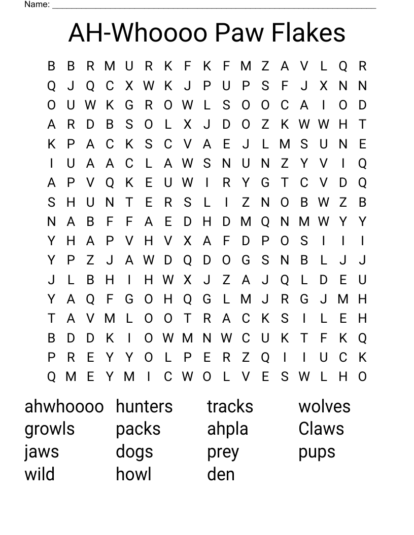 AH-Whoooo Paw Flakes Word Search