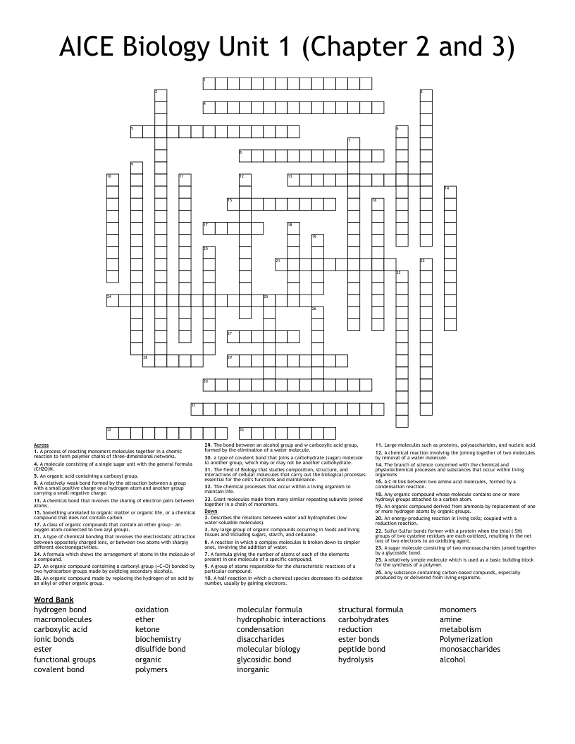 AICE Biology Unit 1 (Chapter 2 and 3) Crossword