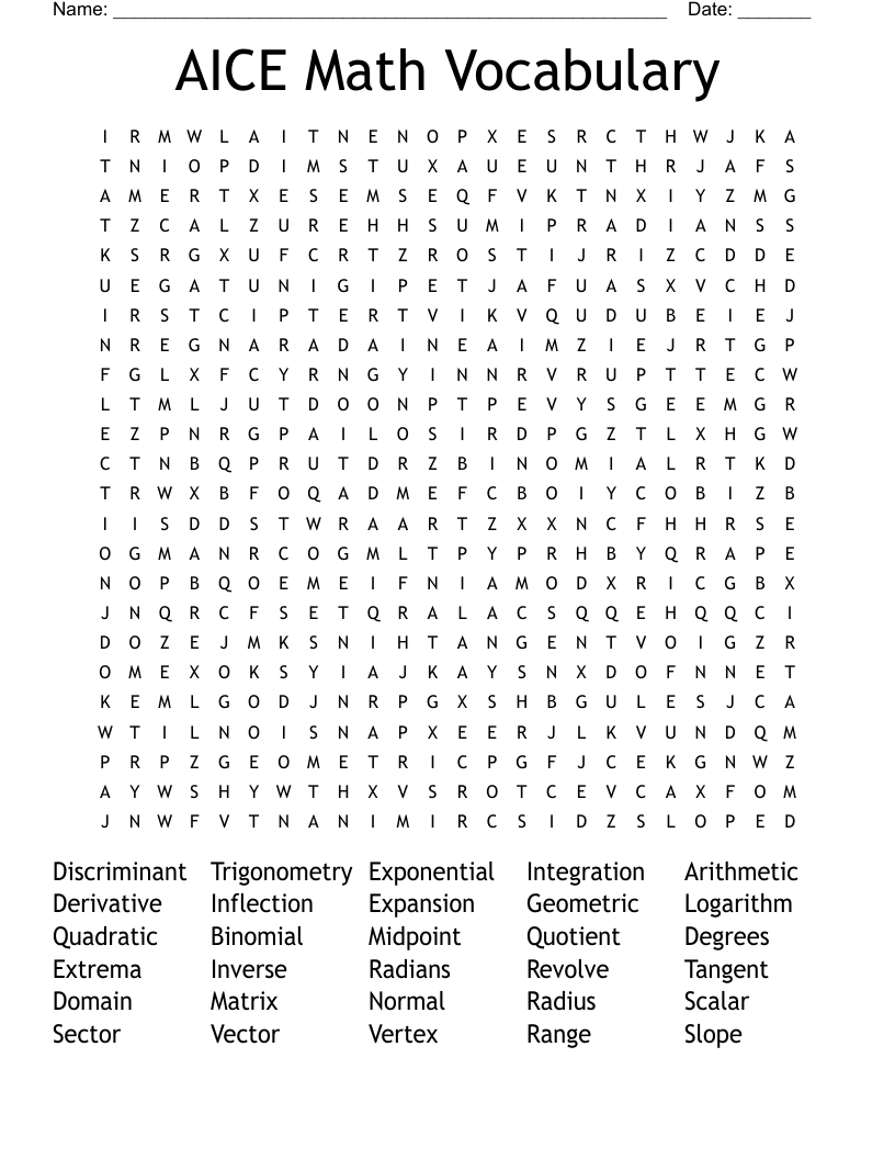 AICE Math Vocabulary Word Search