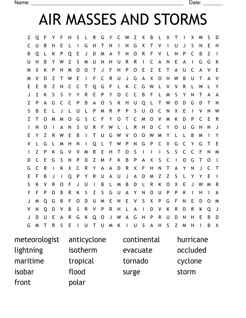 AIR MASSES AND STORMS Word Search