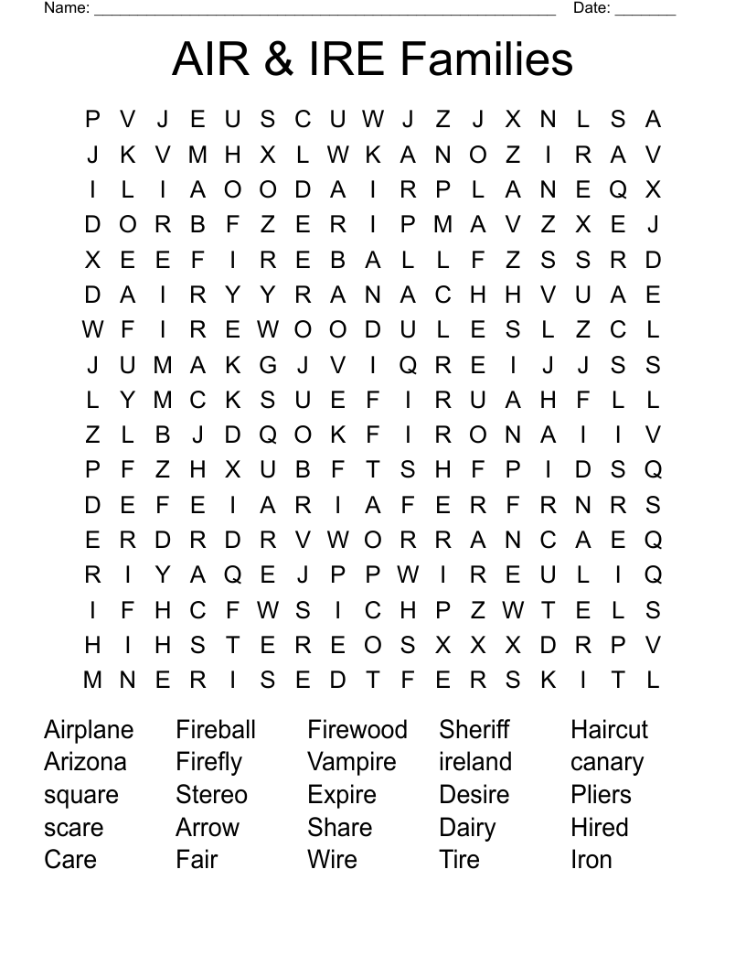 AIR & IRE Families Word Search