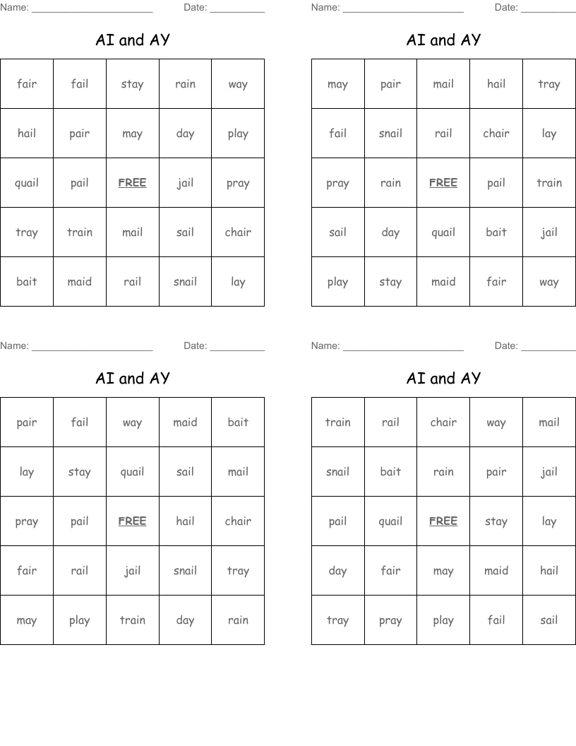AI  and  AY Bingo Cards