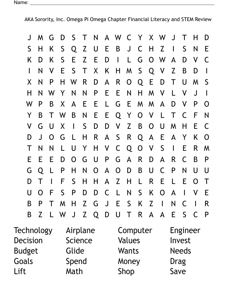 AKA Sorority, Inc. Omega Pi Omega Chapter Financial Literacy and STEM Review Word Search