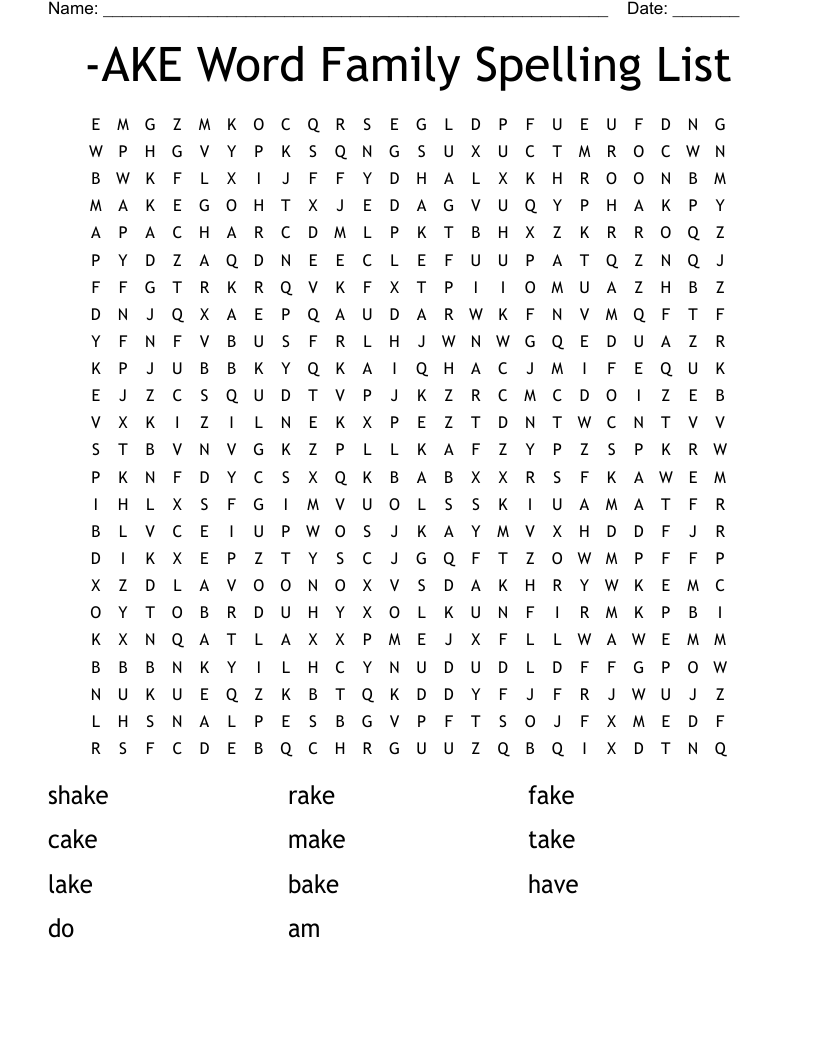 -AKE Word Family Spelling List Word Search