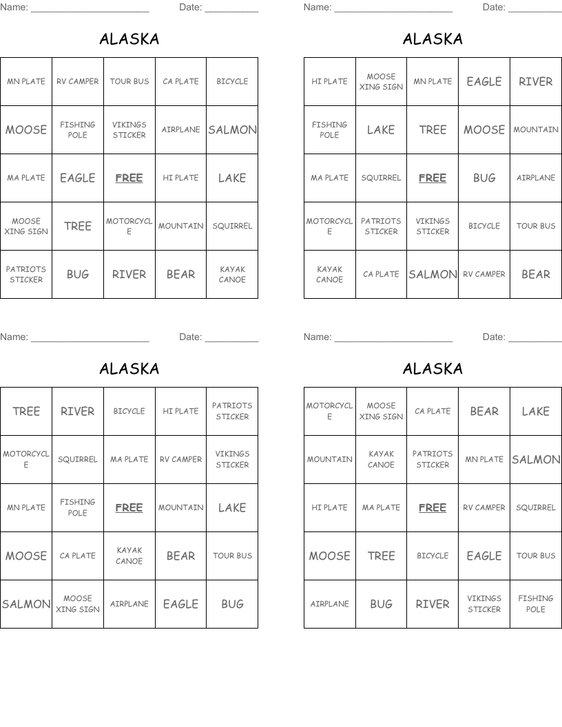 ALASKA Bingo Cards