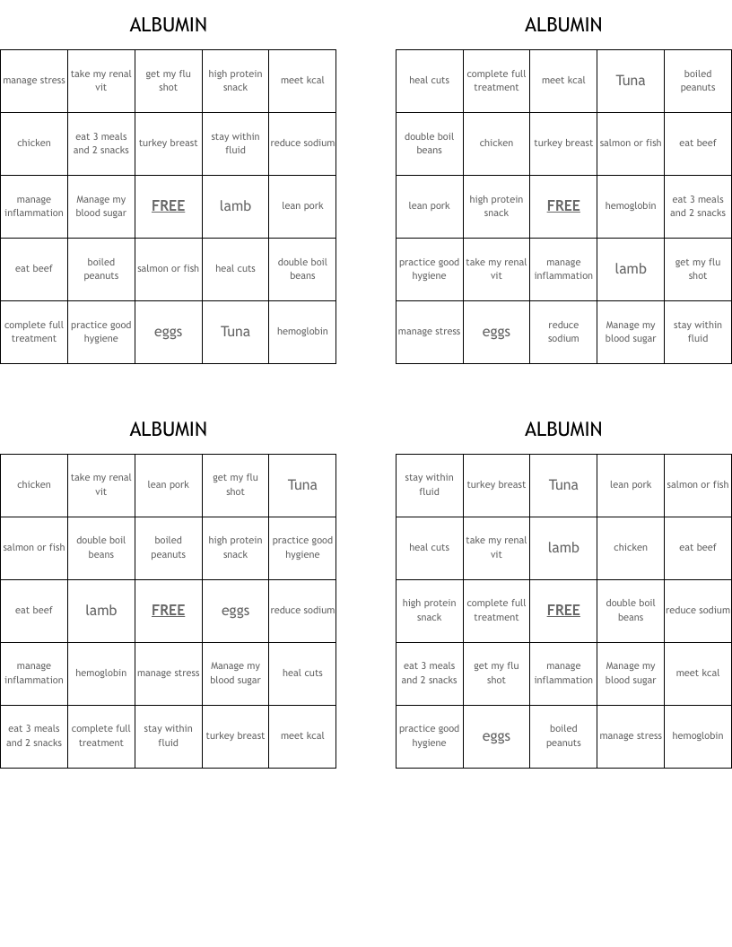ALBUMIN Bingo Cards